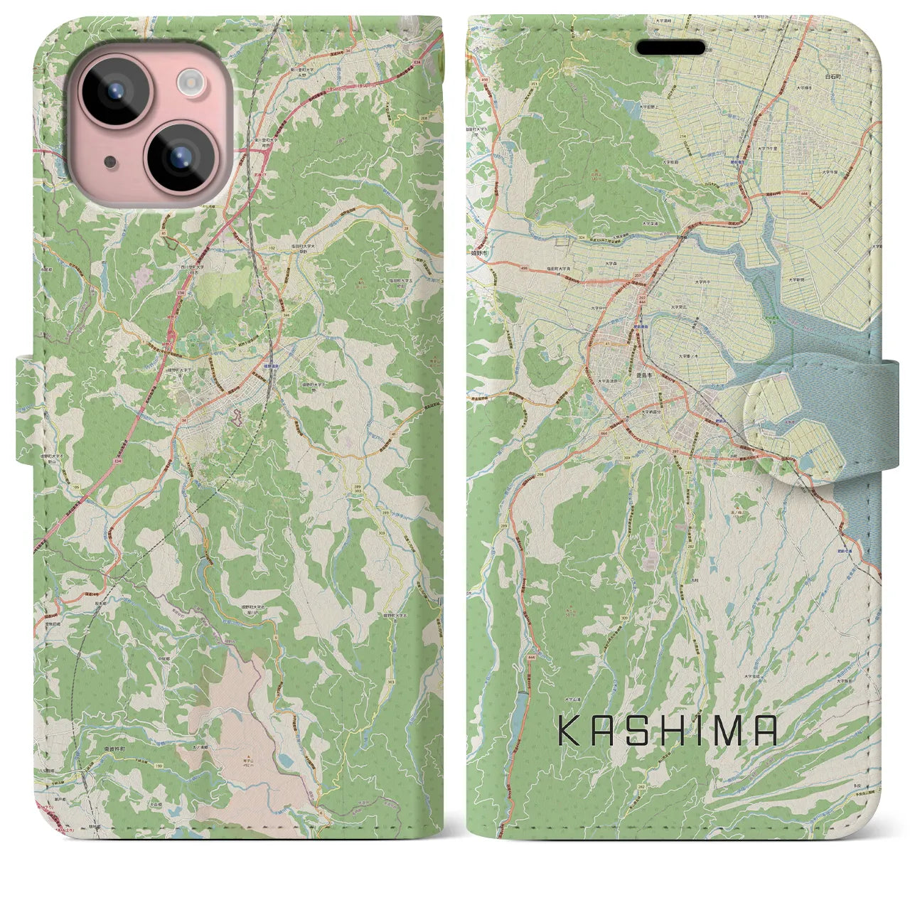 【鹿島（佐賀県）】地図柄iPhoneケース（手帳両面タイプ・ナチュラル）iPhone 15 Plus 用