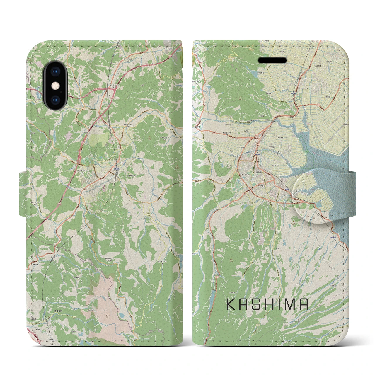 【鹿島（佐賀県）】地図柄iPhoneケース（手帳両面タイプ・ナチュラル）iPhone XS / X 用