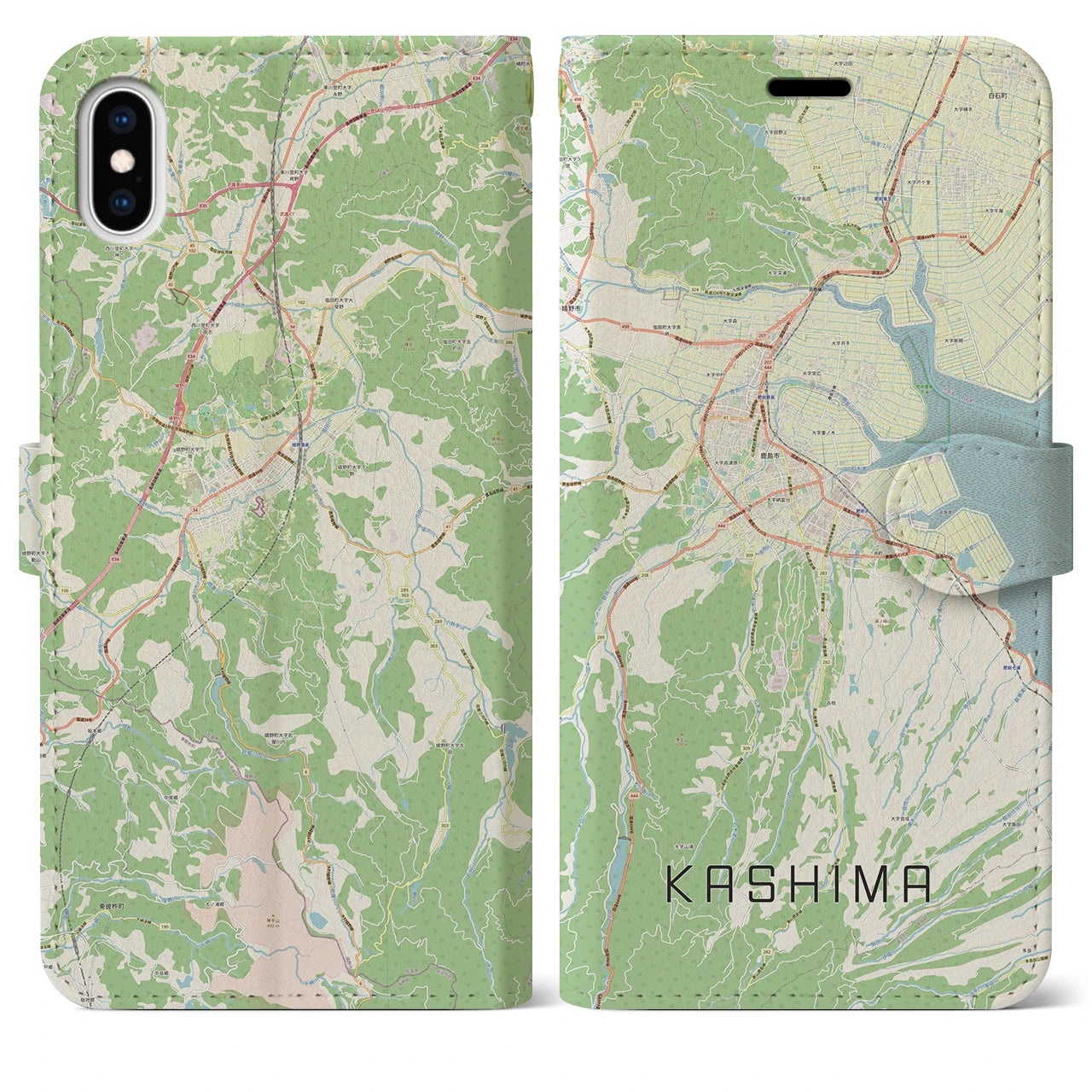 【鹿島（佐賀県）】地図柄iPhoneケース（手帳両面タイプ・ナチュラル）iPhone XS Max 用