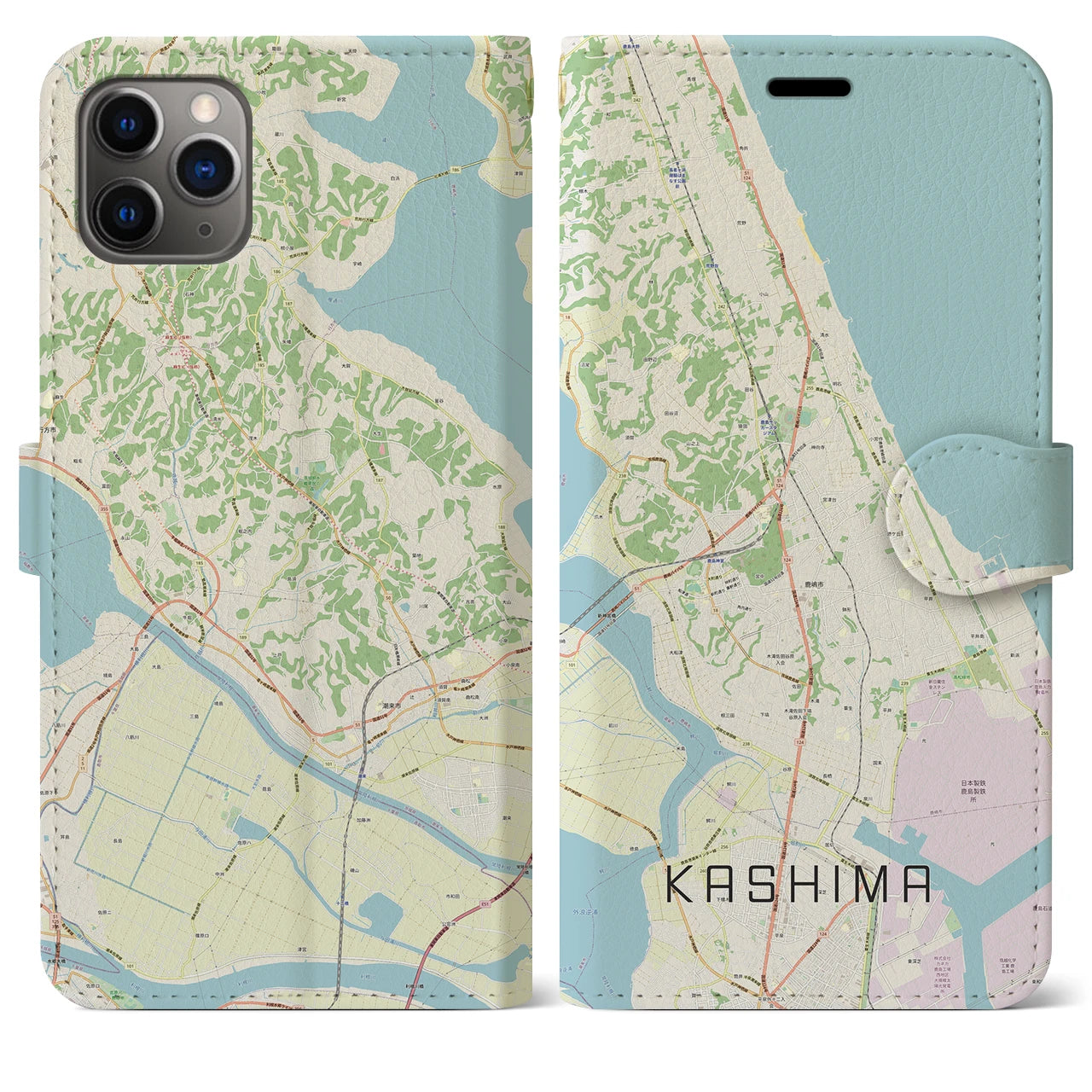 【鹿島】地図柄iPhoneケース（手帳両面タイプ・ナチュラル）iPhone 11 Pro Max 用
