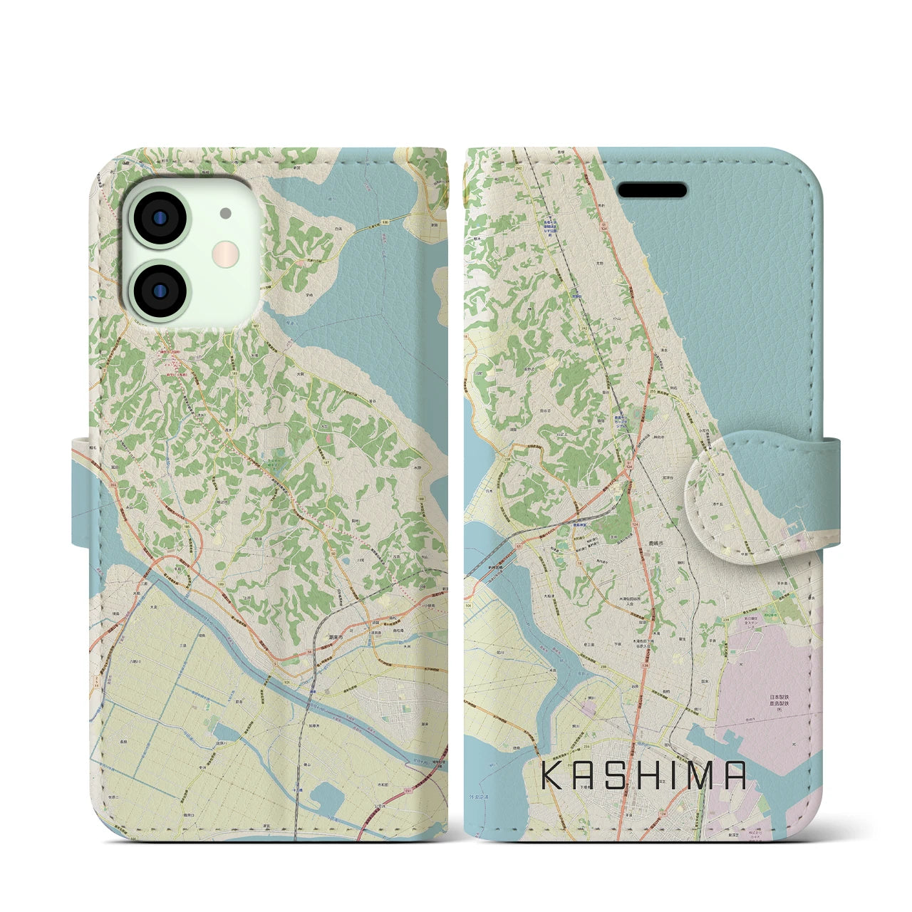 【鹿島】地図柄iPhoneケース（手帳両面タイプ・ナチュラル）iPhone 12 mini 用