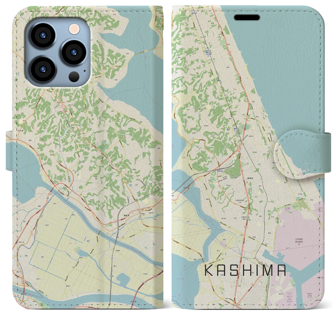 【鹿島】地図柄iPhoneケース（手帳両面タイプ・ナチュラル）iPhone 13 Pro Max 用