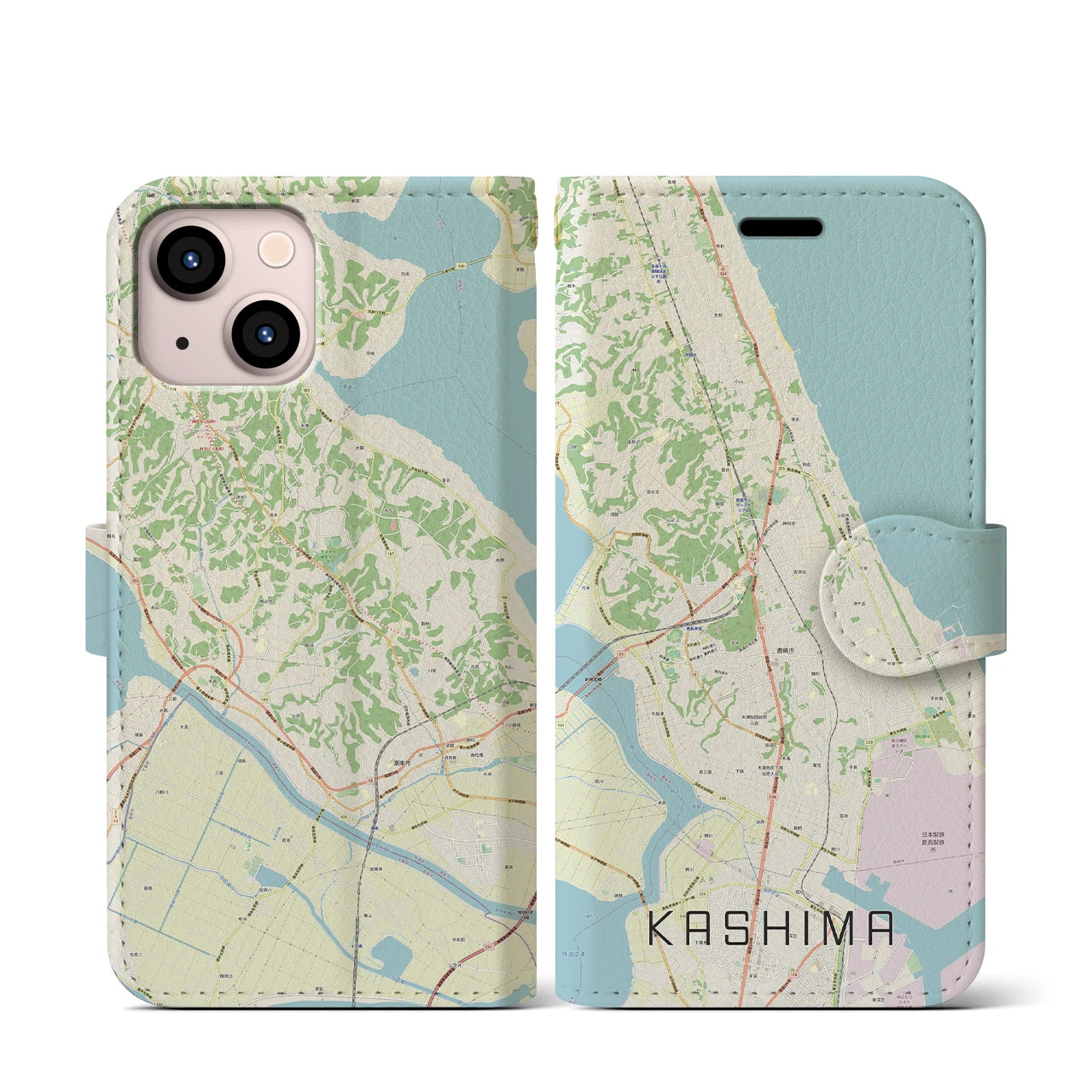 【鹿島】地図柄iPhoneケース（手帳両面タイプ・ナチュラル）iPhone 13 mini 用