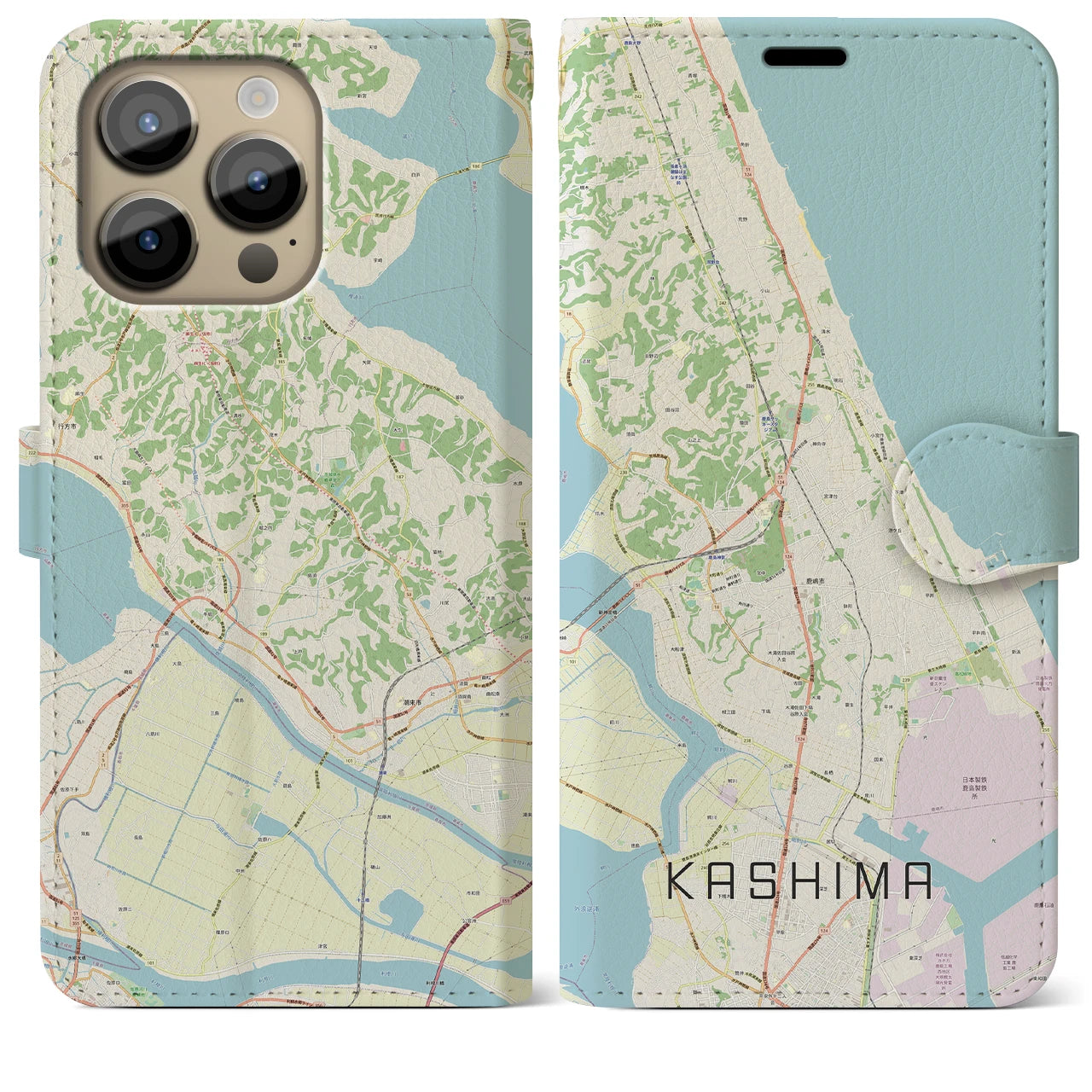 【鹿島】地図柄iPhoneケース（手帳両面タイプ・ナチュラル）iPhone 14 Pro Max 用