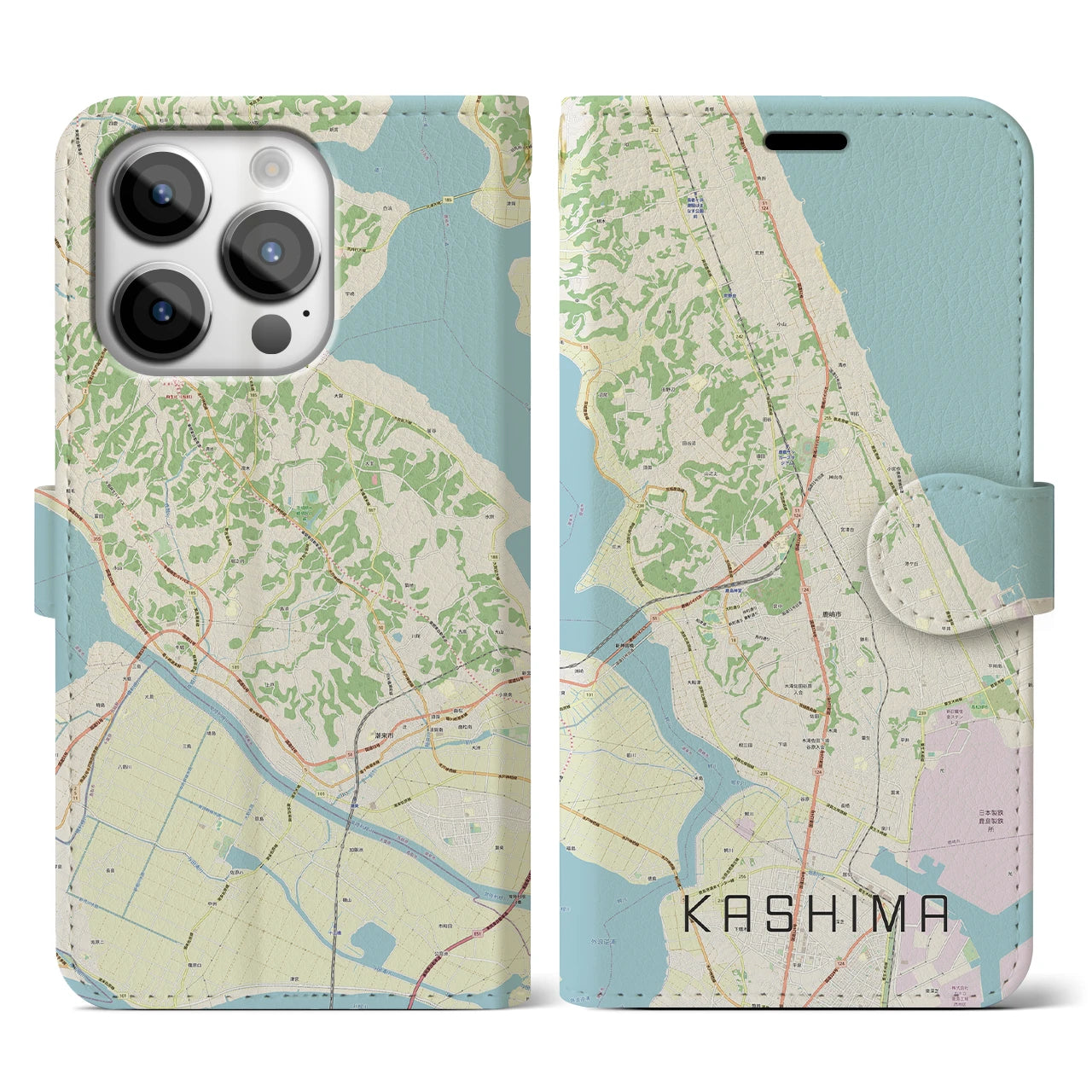 【鹿島】地図柄iPhoneケース（手帳両面タイプ・ナチュラル）iPhone 14 Pro 用