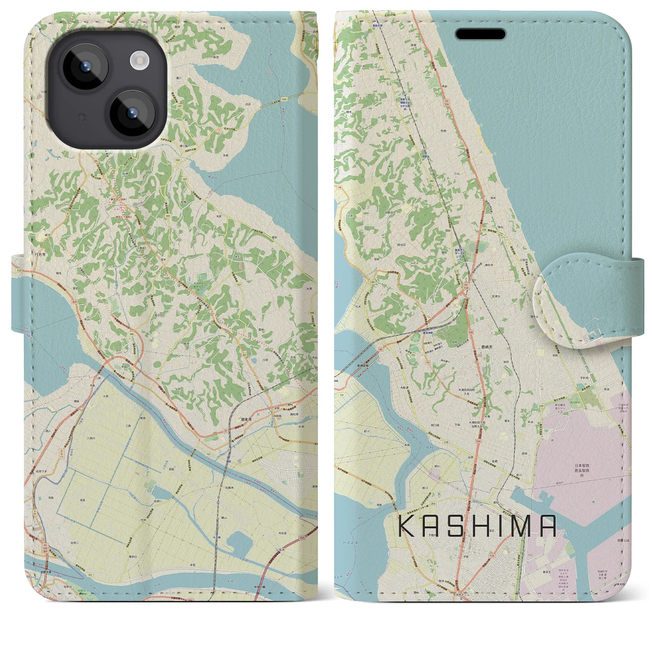 【鹿島】地図柄iPhoneケース（手帳両面タイプ・ナチュラル）iPhone 14 Plus 用