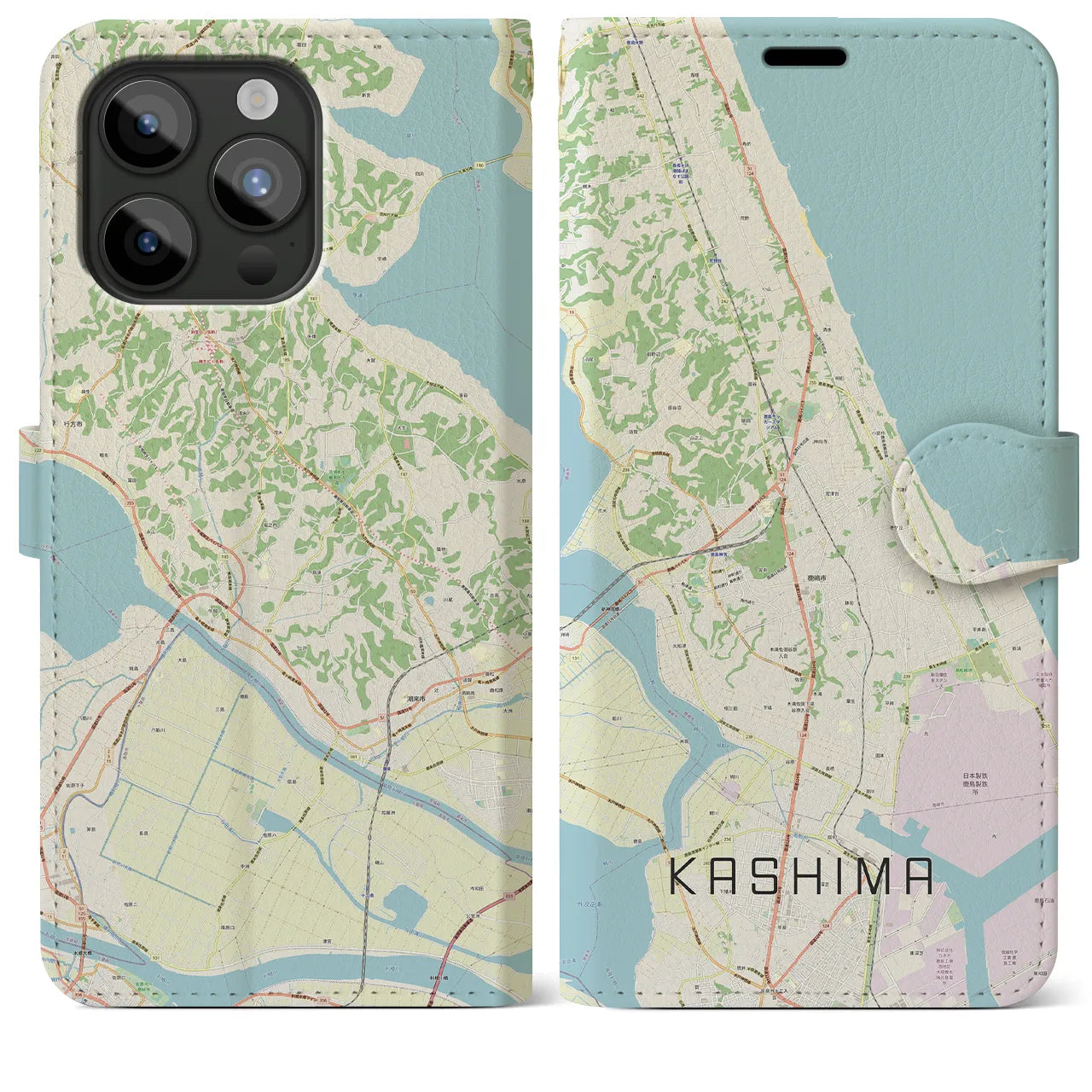 【鹿島】地図柄iPhoneケース（手帳両面タイプ・ナチュラル）iPhone 15 Pro Max 用