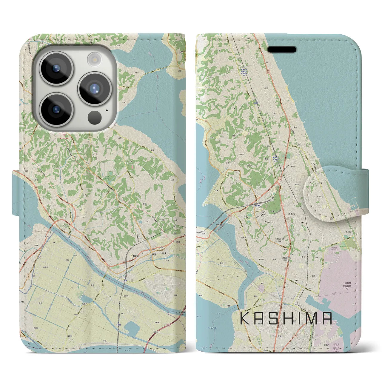 【鹿島】地図柄iPhoneケース（手帳両面タイプ・ナチュラル）iPhone 15 Pro 用