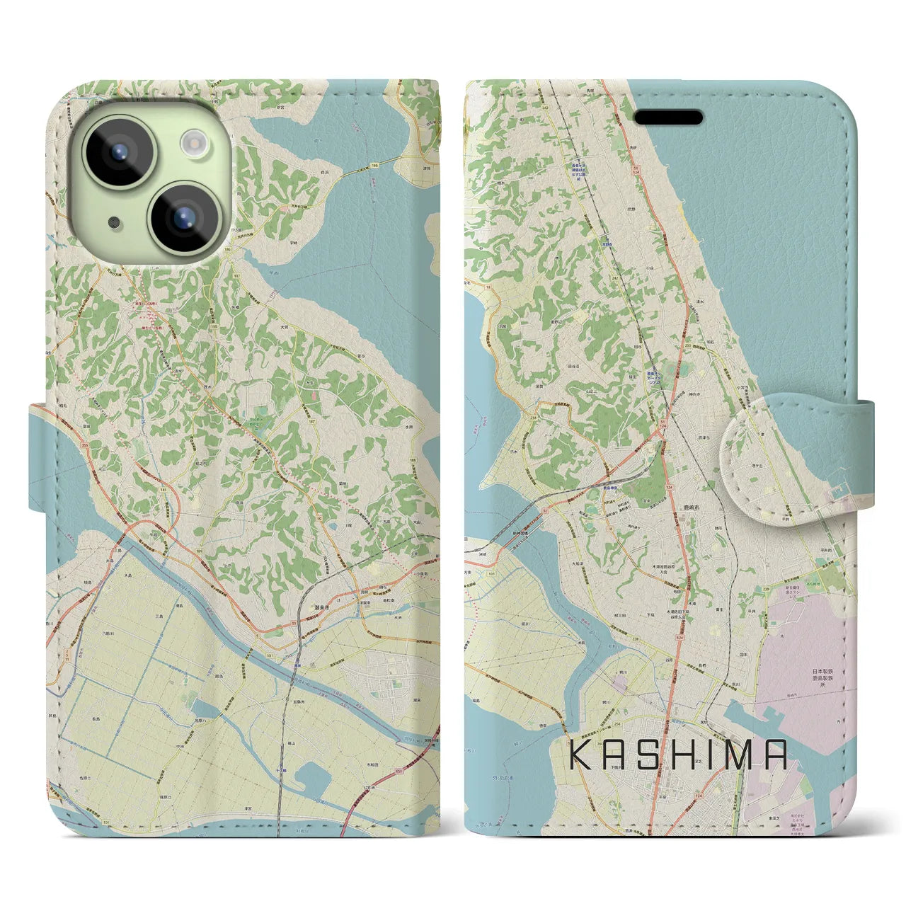 【鹿島】地図柄iPhoneケース（手帳両面タイプ・ナチュラル）iPhone 15 用