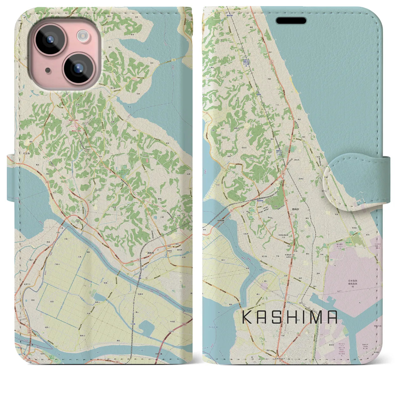 【鹿島】地図柄iPhoneケース（手帳両面タイプ・ナチュラル）iPhone 15 Plus 用