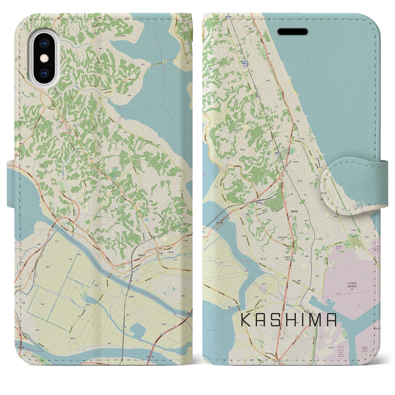 【鹿島】地図柄iPhoneケース（手帳両面タイプ・ナチュラル）iPhone XS Max 用
