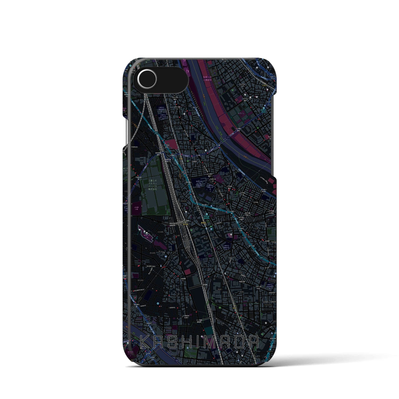 【鹿島田】地図柄iPhoneケース（バックカバータイプ・ブラック）iPhone SE（第3 / 第2世代） / 8 / 7 / 6s / 6 用