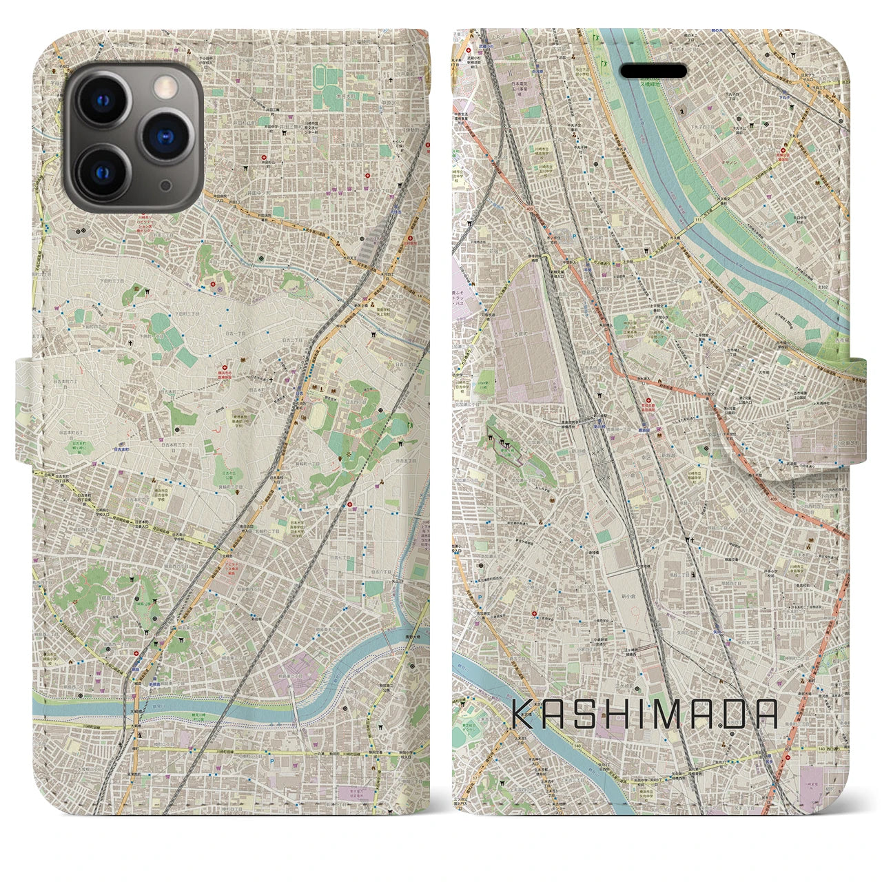 【鹿島田】地図柄iPhoneケース（手帳両面タイプ・ナチュラル）iPhone 11 Pro Max 用