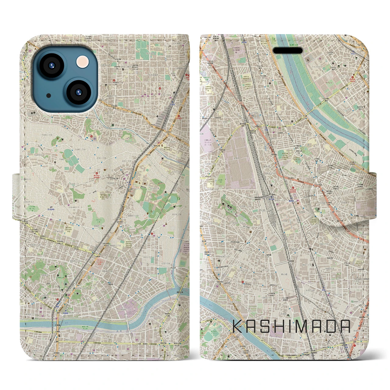 【鹿島田】地図柄iPhoneケース（手帳両面タイプ・ナチュラル）iPhone 13 用