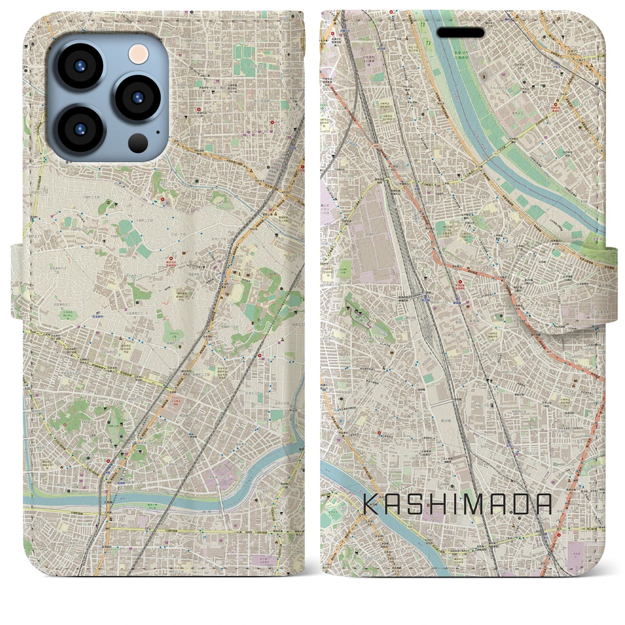 【鹿島田】地図柄iPhoneケース（手帳両面タイプ・ナチュラル）iPhone 13 Pro Max 用