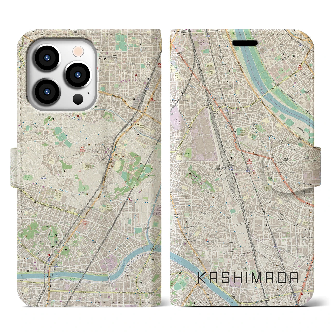 【鹿島田】地図柄iPhoneケース（手帳両面タイプ・ナチュラル）iPhone 13 Pro 用