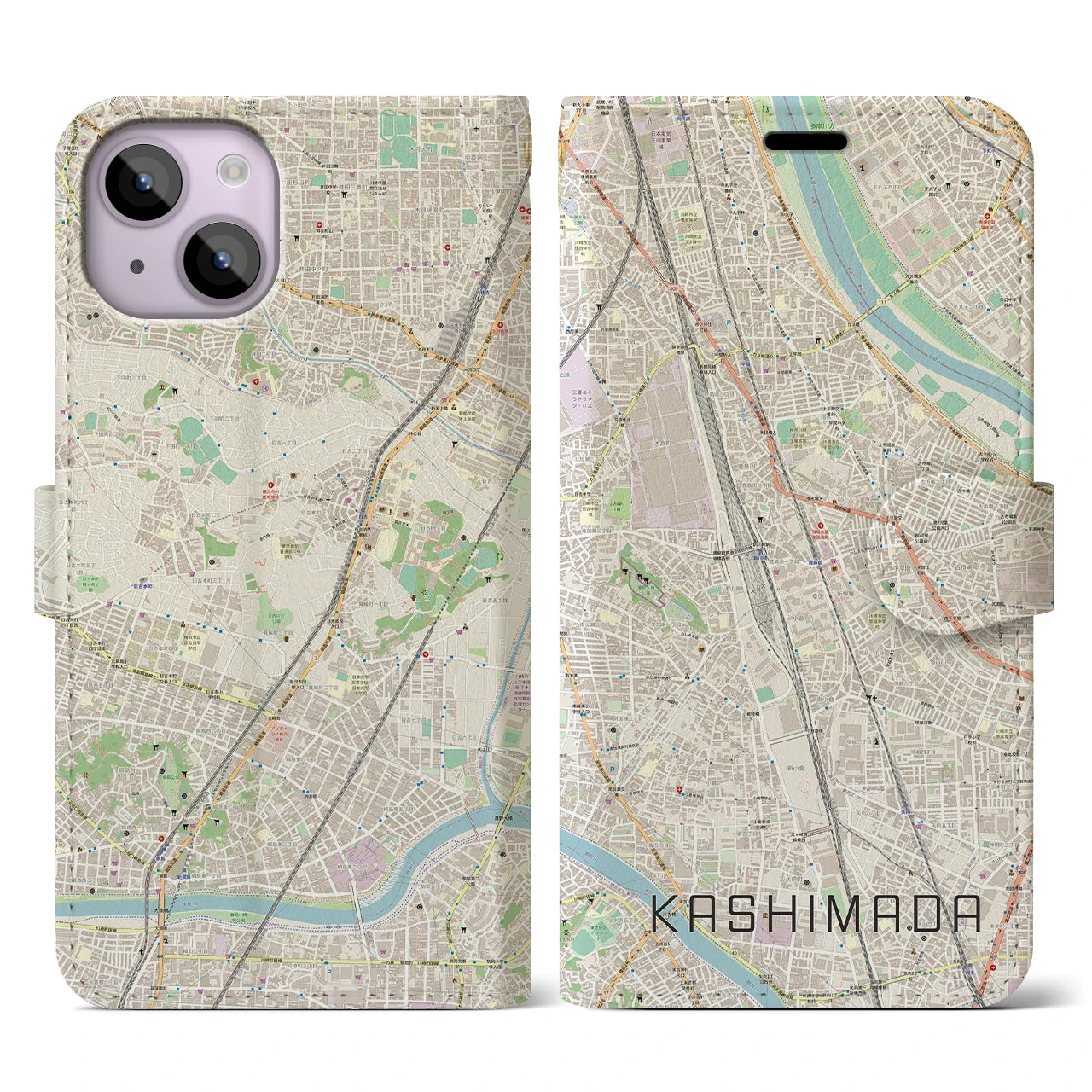 【鹿島田】地図柄iPhoneケース（手帳両面タイプ・ナチュラル）iPhone 14 用