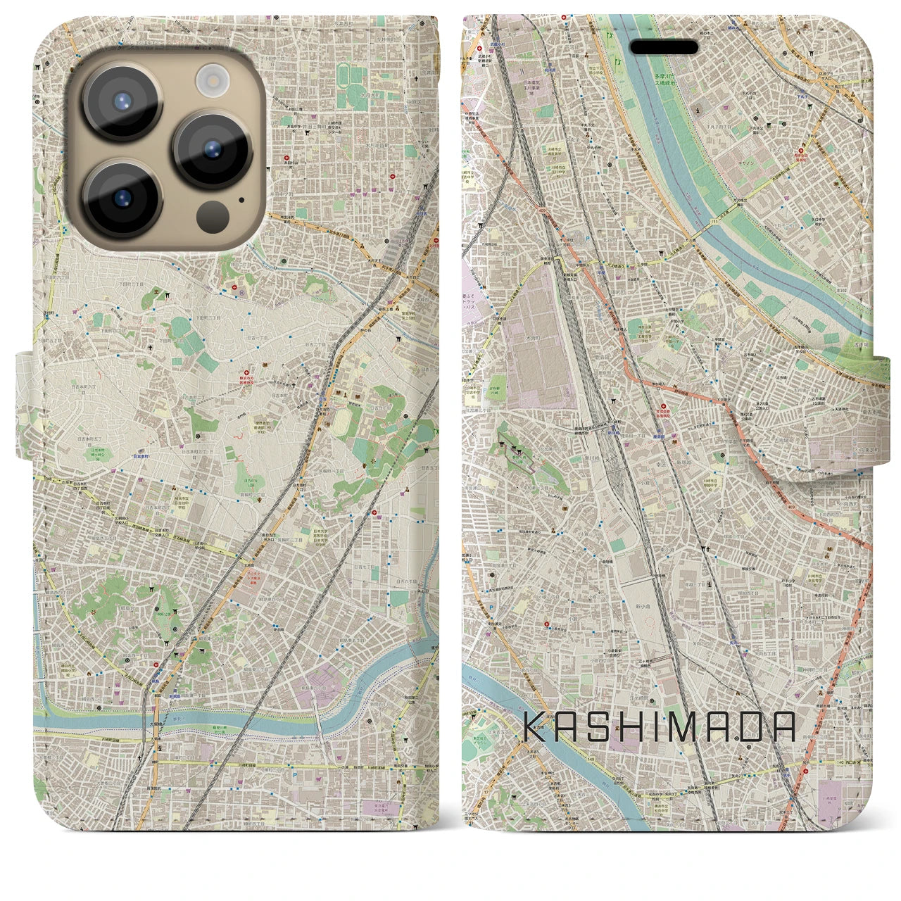 【鹿島田】地図柄iPhoneケース（手帳両面タイプ・ナチュラル）iPhone 14 Pro Max 用