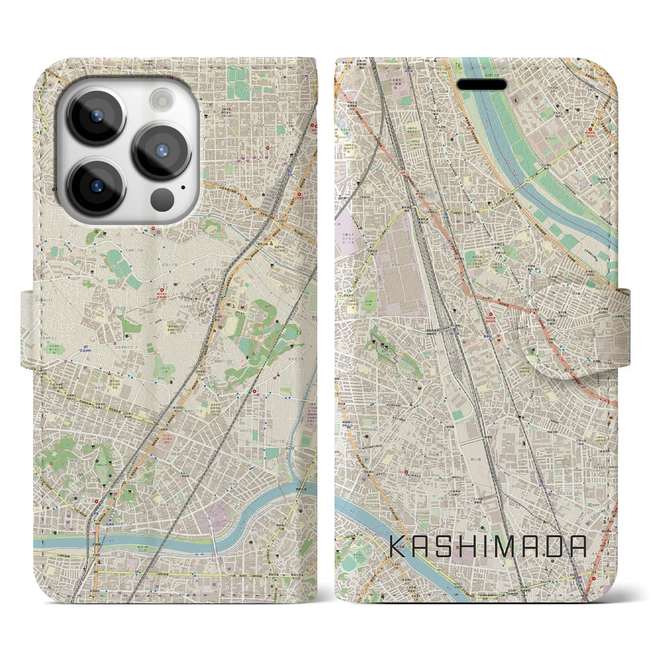 【鹿島田】地図柄iPhoneケース（手帳両面タイプ・ナチュラル）iPhone 14 Pro 用