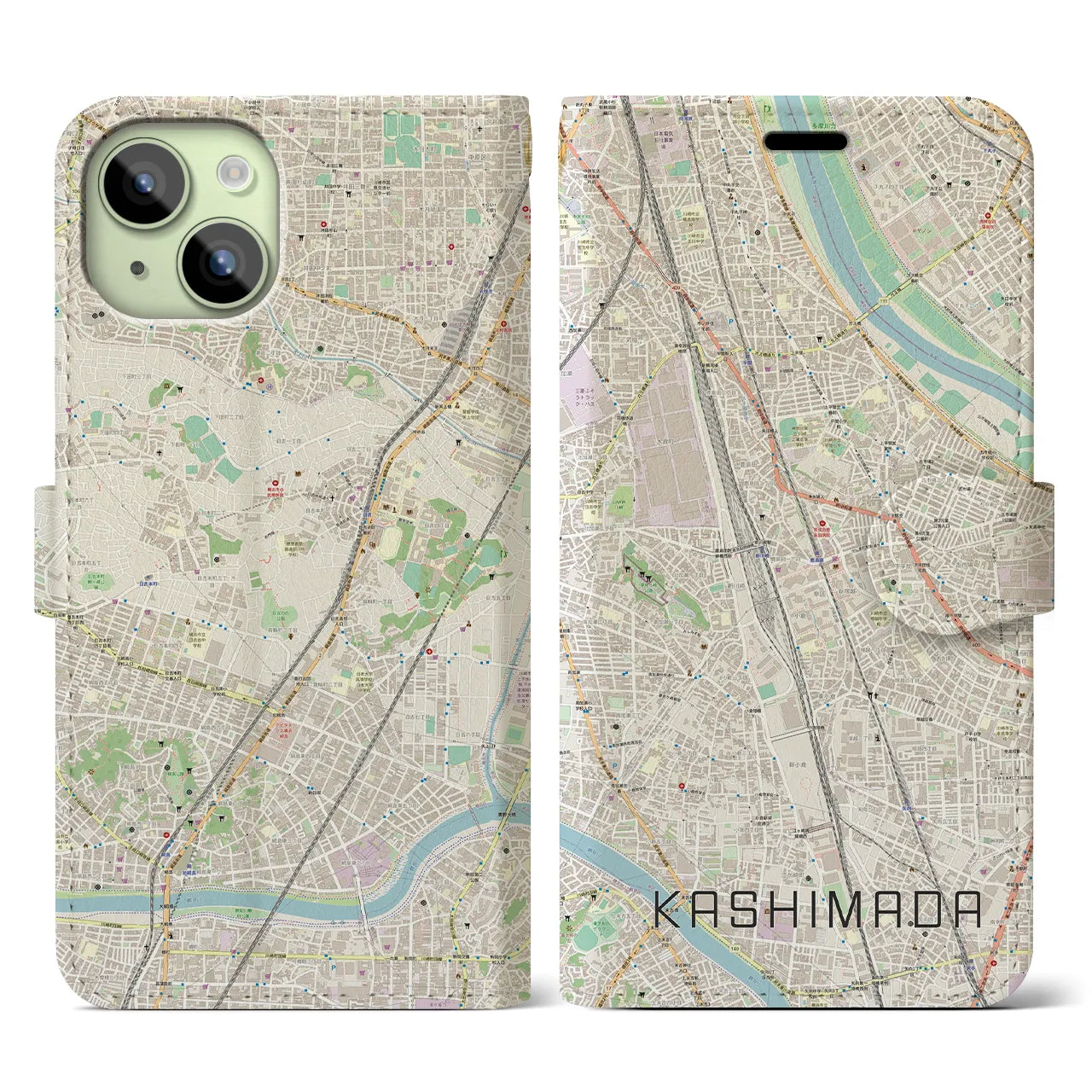 【鹿島田】地図柄iPhoneケース（手帳両面タイプ・ナチュラル）iPhone 15 用