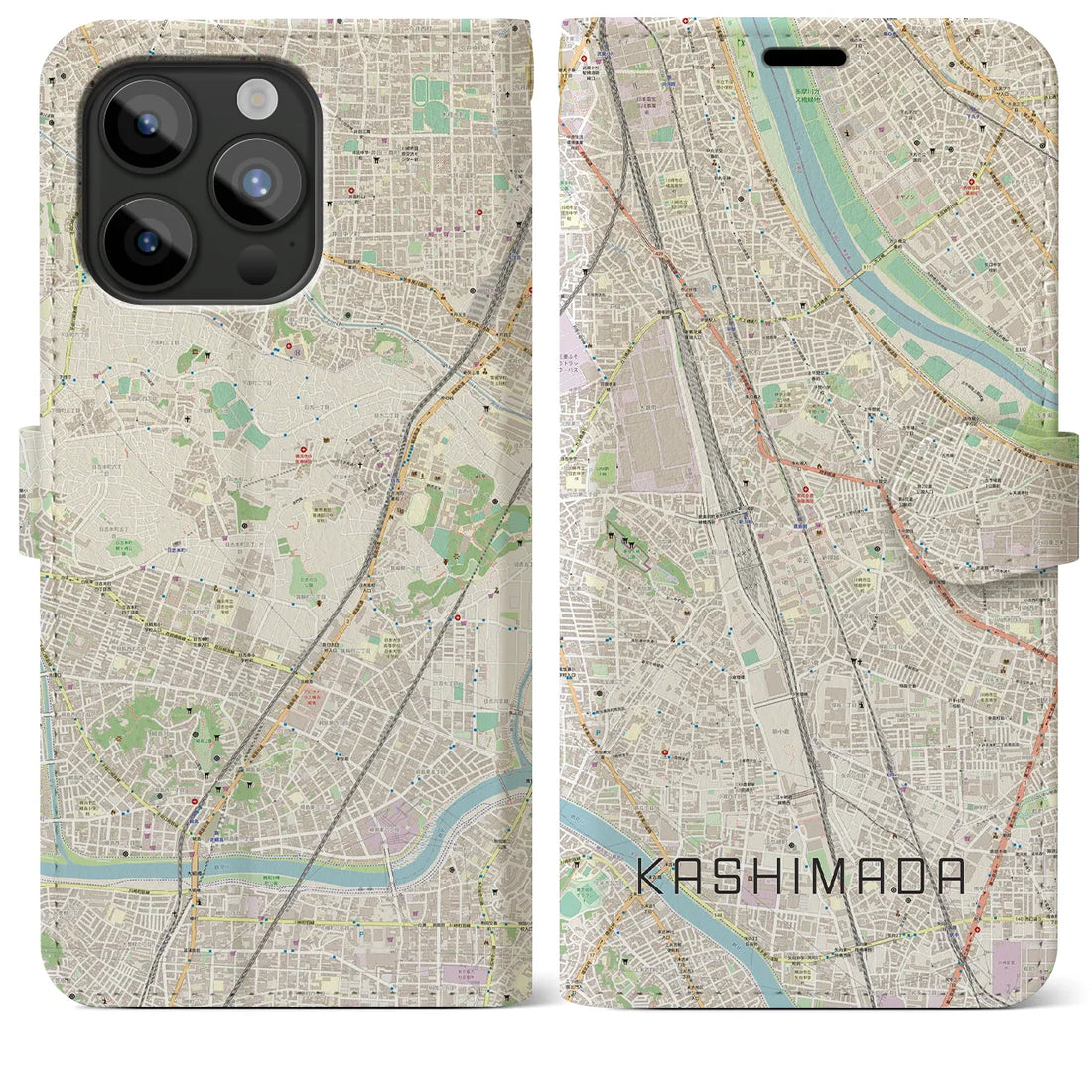 【鹿島田】地図柄iPhoneケース（手帳両面タイプ・ナチュラル）iPhone 15 Pro Max 用