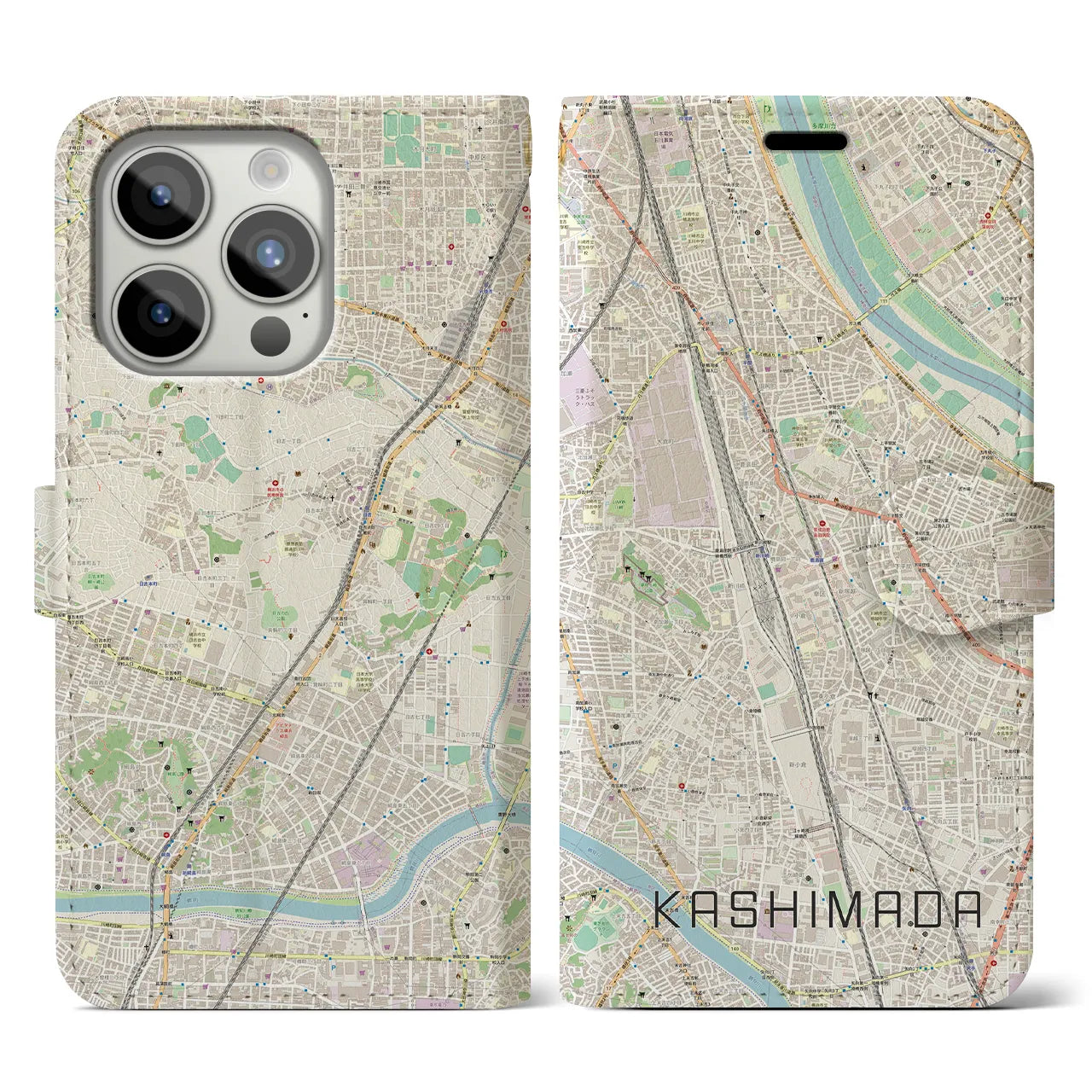 【鹿島田】地図柄iPhoneケース（手帳両面タイプ・ナチュラル）iPhone 15 Pro 用