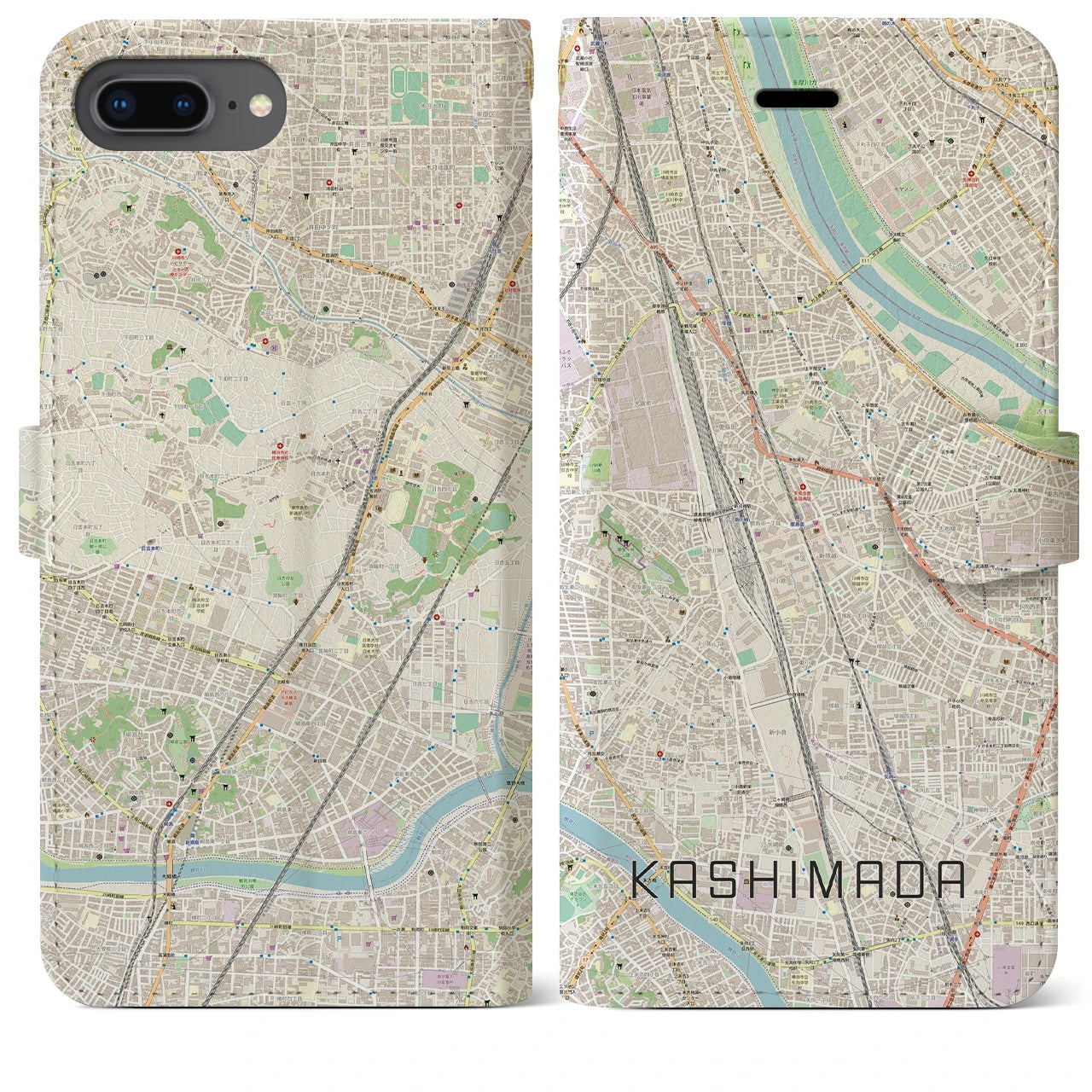 【鹿島田】地図柄iPhoneケース（手帳両面タイプ・ナチュラル）iPhone 8Plus /7Plus / 6sPlus / 6Plus 用