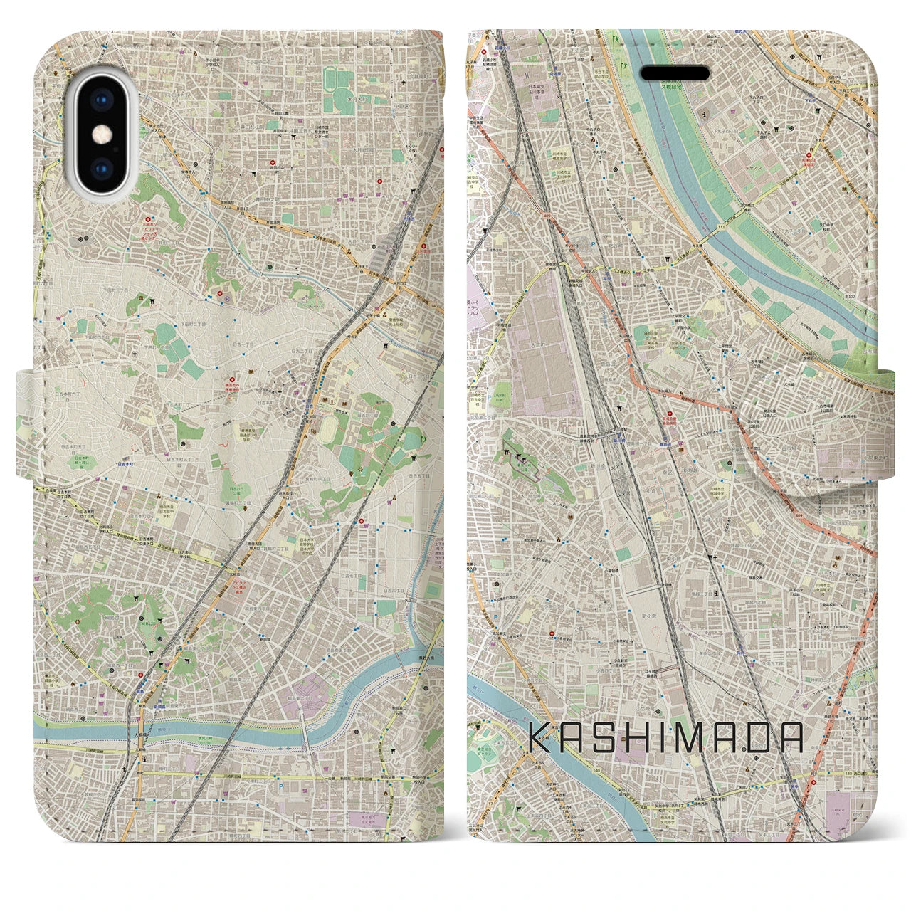 【鹿島田】地図柄iPhoneケース（手帳両面タイプ・ナチュラル）iPhone XS Max 用