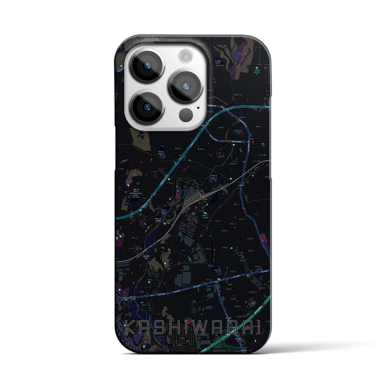 【かしわ台】地図柄iPhoneケース（バックカバータイプ・ブラック）iPhone 14 Pro 用