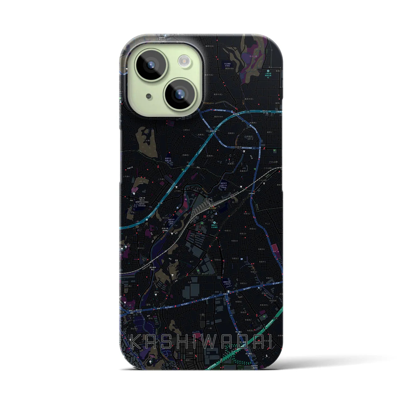 【かしわ台】地図柄iPhoneケース（バックカバータイプ・ブラック）iPhone 15 用