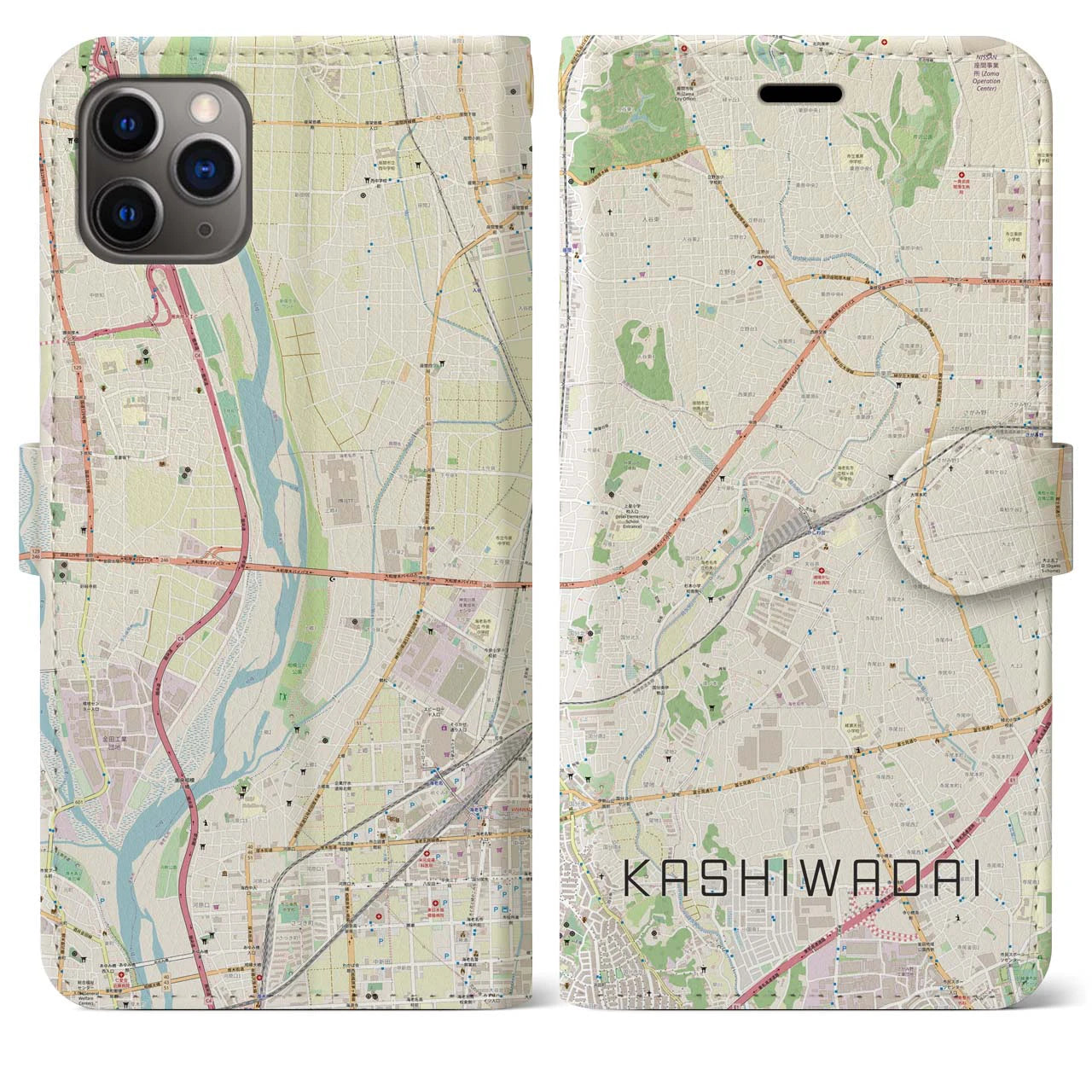 【かしわ台】地図柄iPhoneケース（手帳両面タイプ・ナチュラル）iPhone 11 Pro Max 用