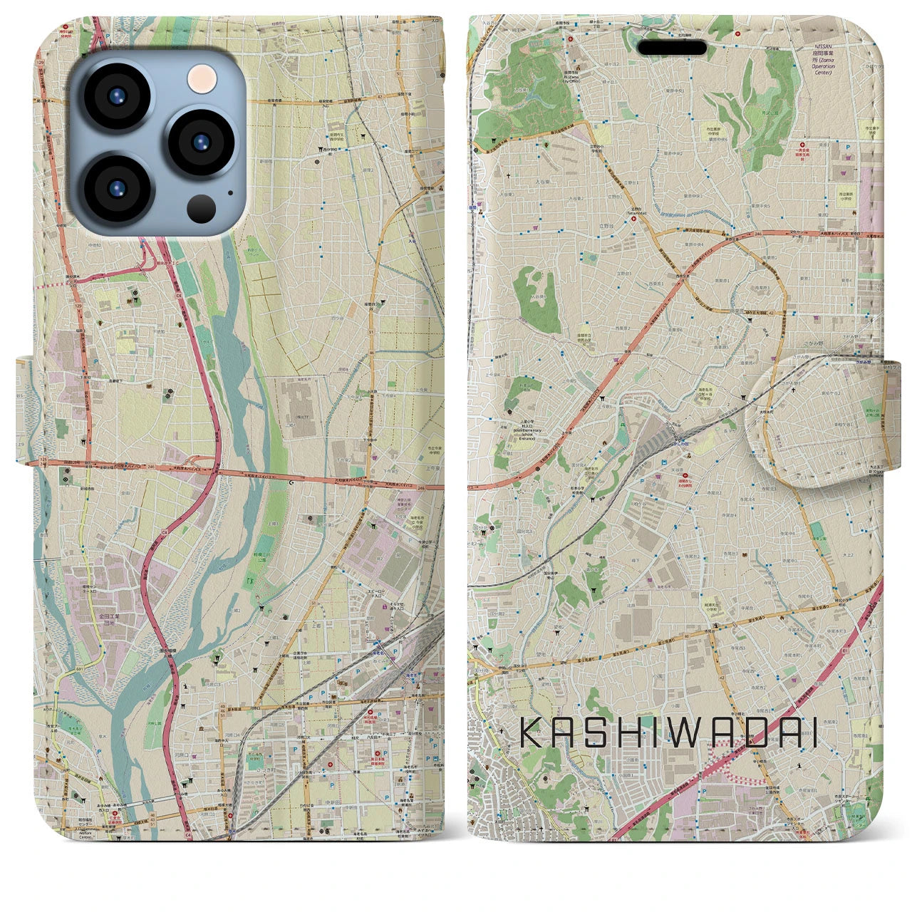 【かしわ台】地図柄iPhoneケース（手帳両面タイプ・ナチュラル）iPhone 13 Pro Max 用