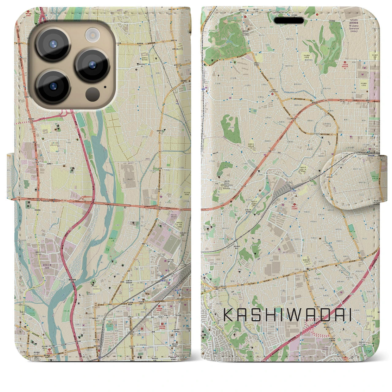 【かしわ台】地図柄iPhoneケース（手帳両面タイプ・ナチュラル）iPhone 14 Pro Max 用