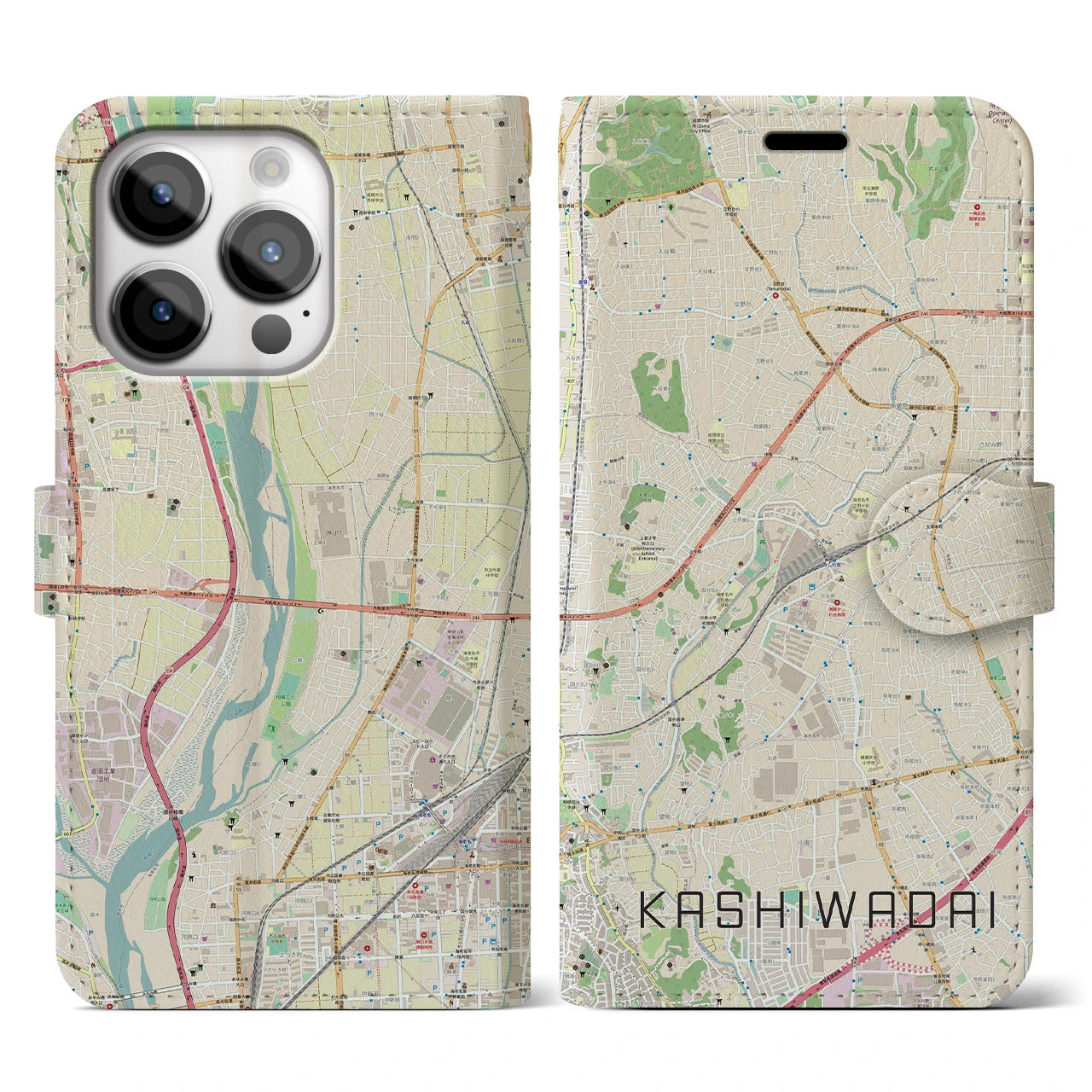 【かしわ台】地図柄iPhoneケース（手帳両面タイプ・ナチュラル）iPhone 14 Pro 用