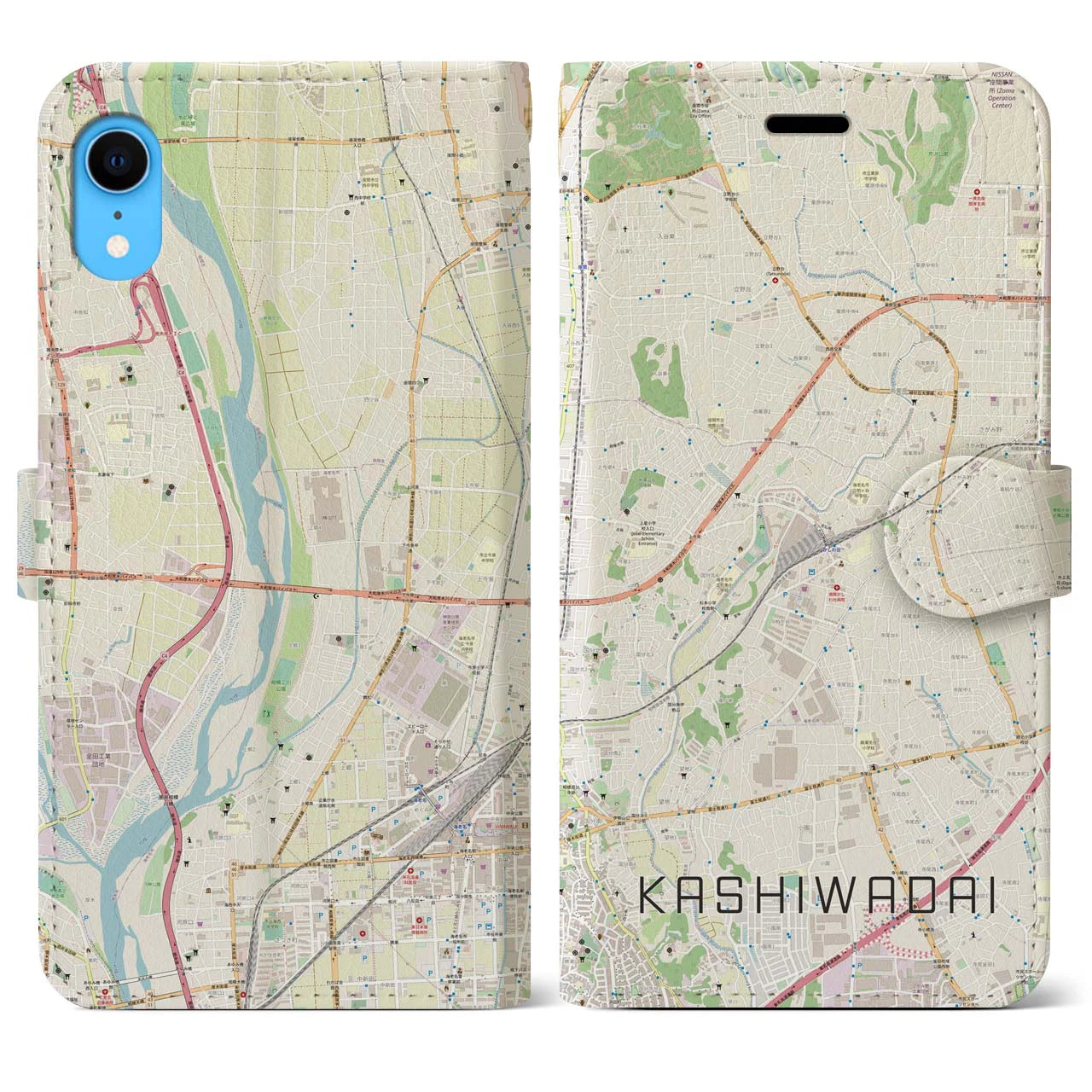 【かしわ台】地図柄iPhoneケース（手帳両面タイプ・ナチュラル）iPhone XR 用