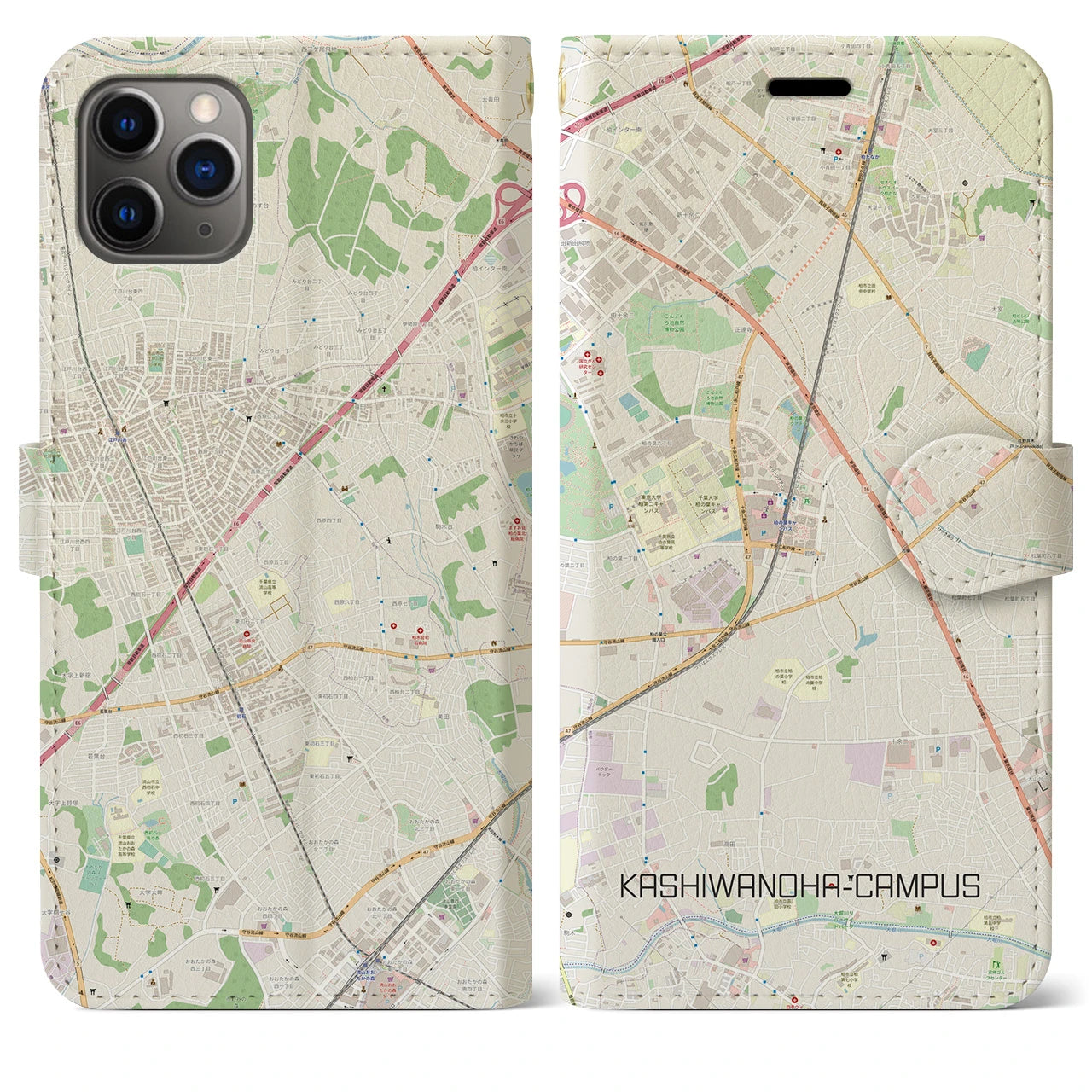 【柏の葉キャンパス】地図柄iPhoneケース（手帳両面タイプ・ナチュラル）iPhone 11 Pro Max 用