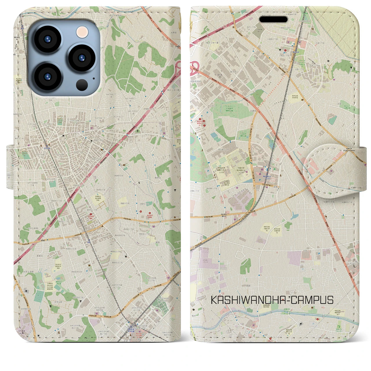 【柏の葉キャンパス】地図柄iPhoneケース（手帳両面タイプ・ナチュラル）iPhone 13 Pro Max 用