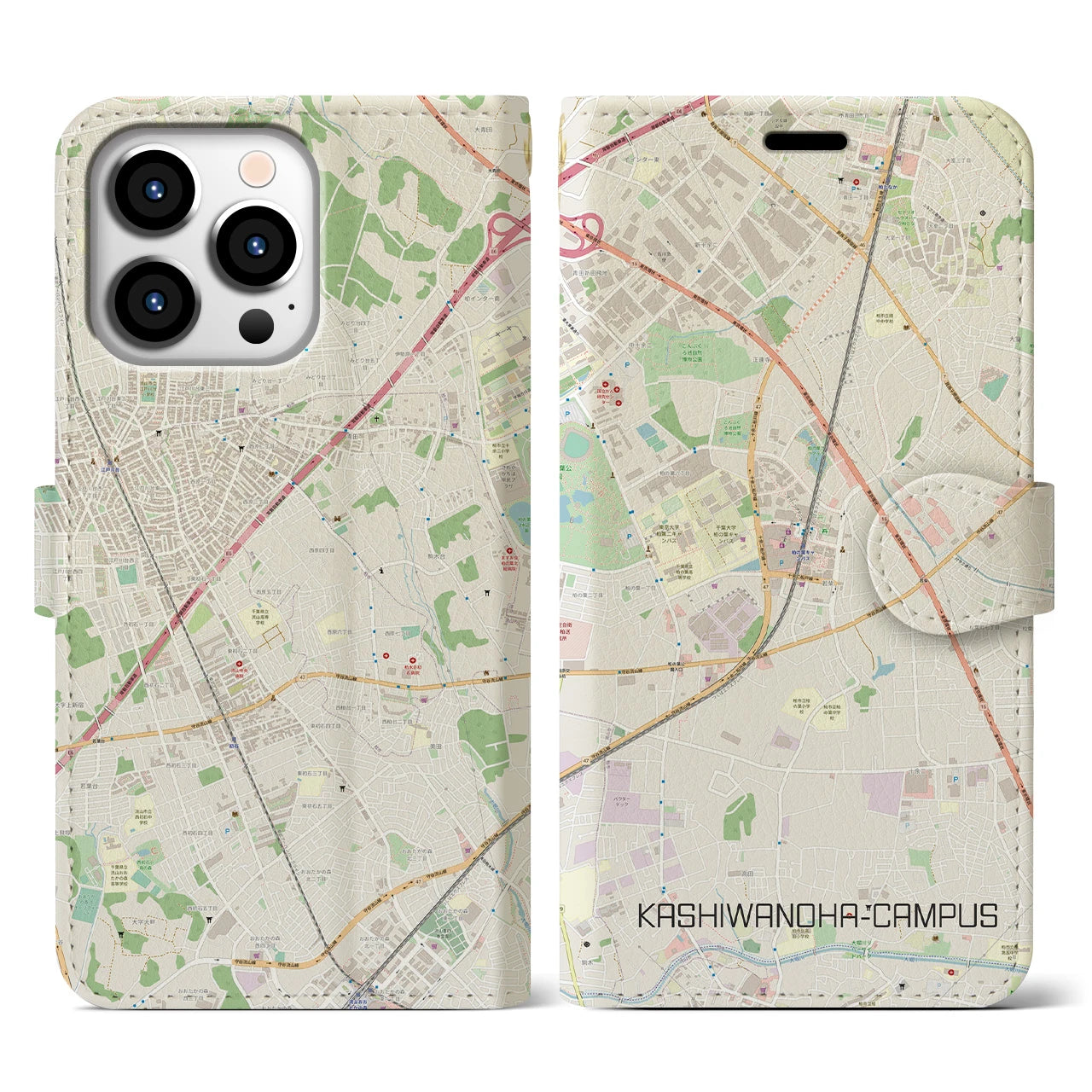【柏の葉キャンパス】地図柄iPhoneケース（手帳両面タイプ・ナチュラル）iPhone 13 Pro 用