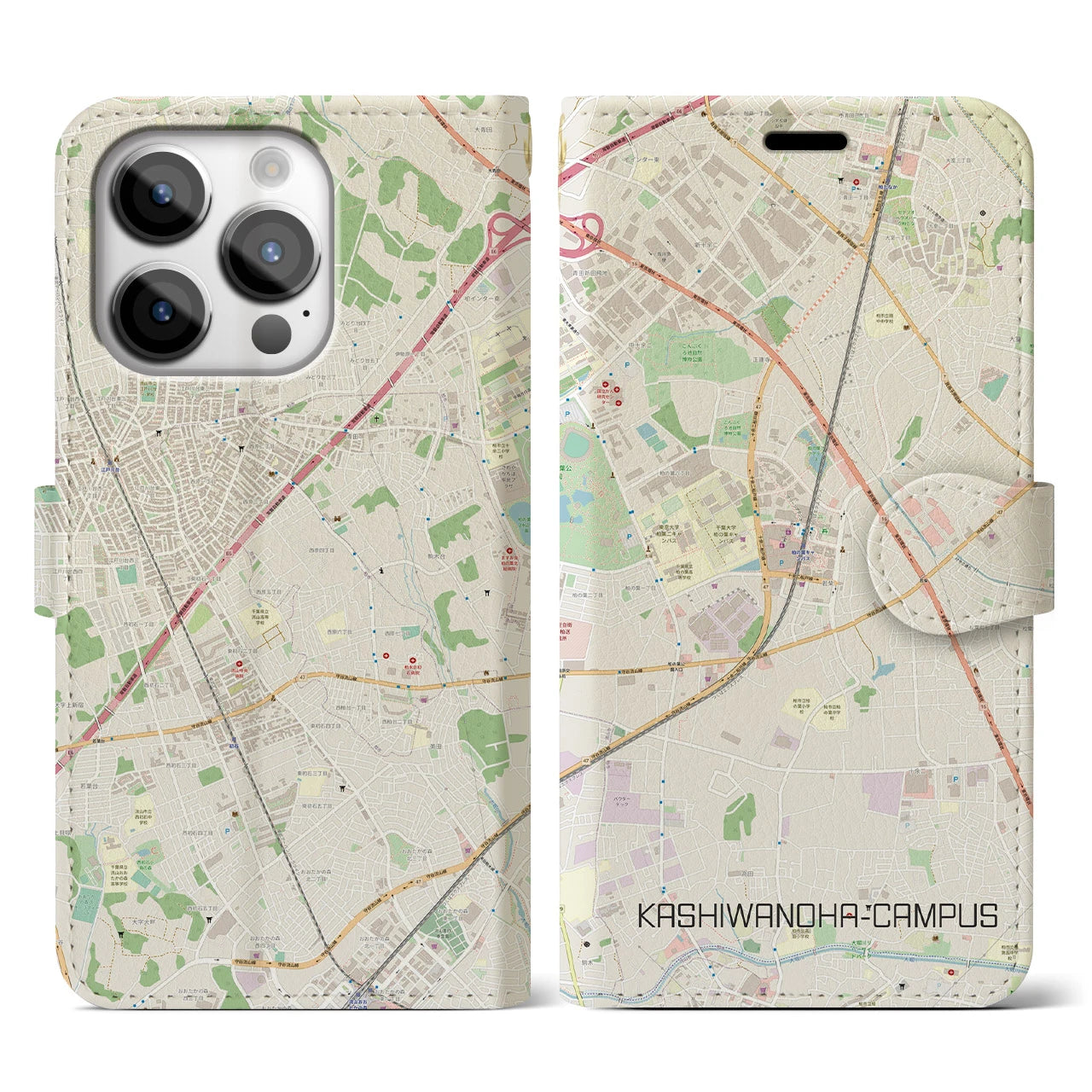 【柏の葉キャンパス】地図柄iPhoneケース（手帳両面タイプ・ナチュラル）iPhone 14 Pro 用