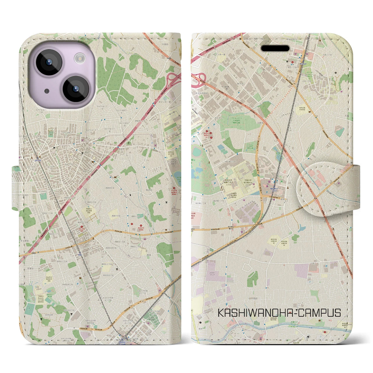【柏の葉キャンパス】地図柄iPhoneケース（手帳両面タイプ・ナチュラル）iPhone 14 用