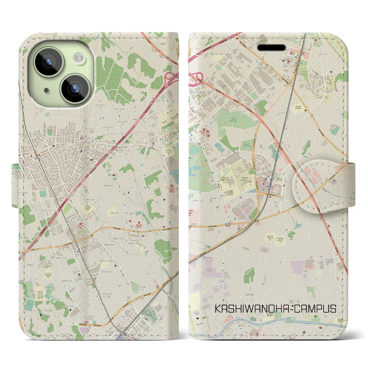 【柏の葉キャンパス】地図柄iPhoneケース（手帳両面タイプ・ナチュラル）iPhone 15 用