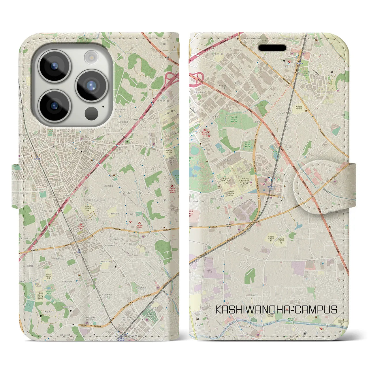 【柏の葉キャンパス】地図柄iPhoneケース（手帳両面タイプ・ナチュラル）iPhone 15 Pro 用