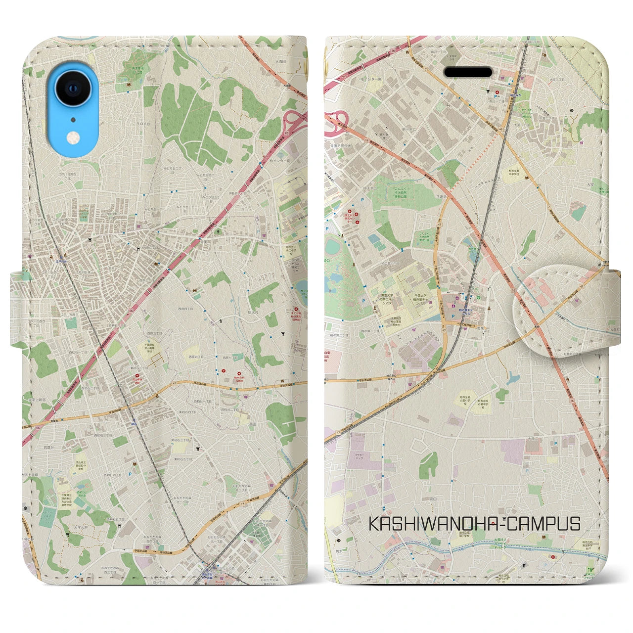 【柏の葉キャンパス】地図柄iPhoneケース（手帳両面タイプ・ナチュラル）iPhone XR 用
