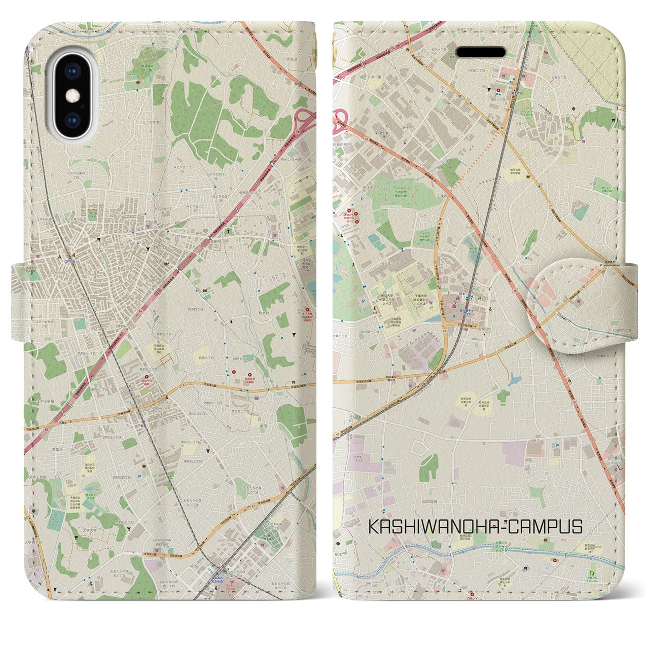 【柏の葉キャンパス】地図柄iPhoneケース（手帳両面タイプ・ナチュラル）iPhone XS Max 用