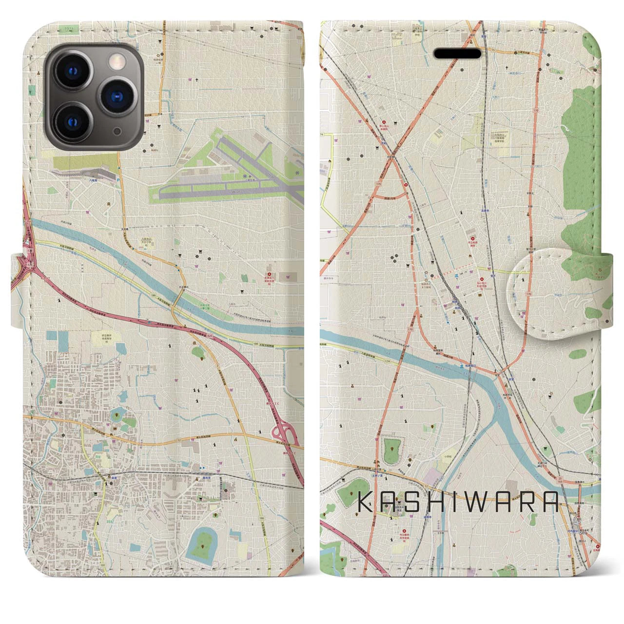 【柏原】地図柄iPhoneケース（手帳両面タイプ・ナチュラル）iPhone 11 Pro Max 用