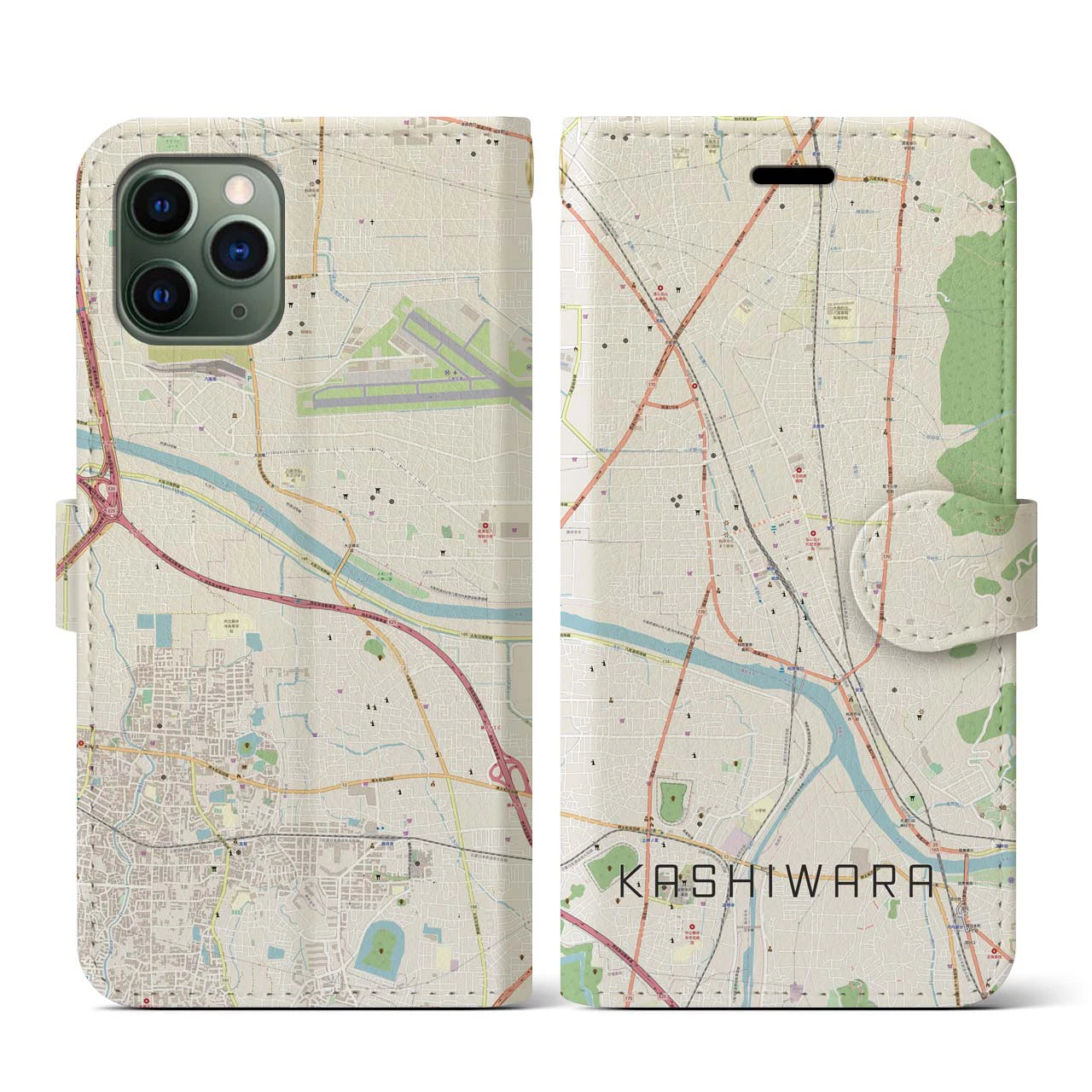 【柏原】地図柄iPhoneケース（手帳両面タイプ・ナチュラル）iPhone 11 Pro 用