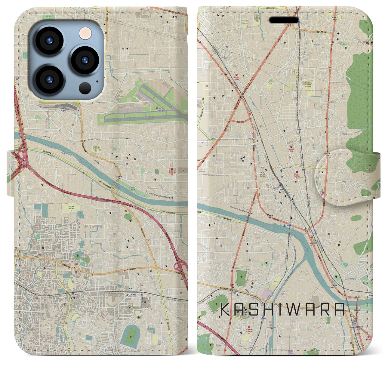 【柏原】地図柄iPhoneケース（手帳両面タイプ・ナチュラル）iPhone 13 Pro Max 用