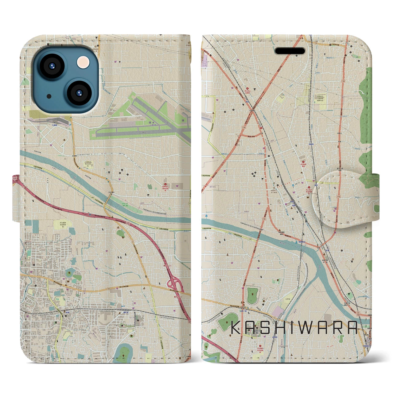【柏原】地図柄iPhoneケース（手帳両面タイプ・ナチュラル）iPhone 13 用