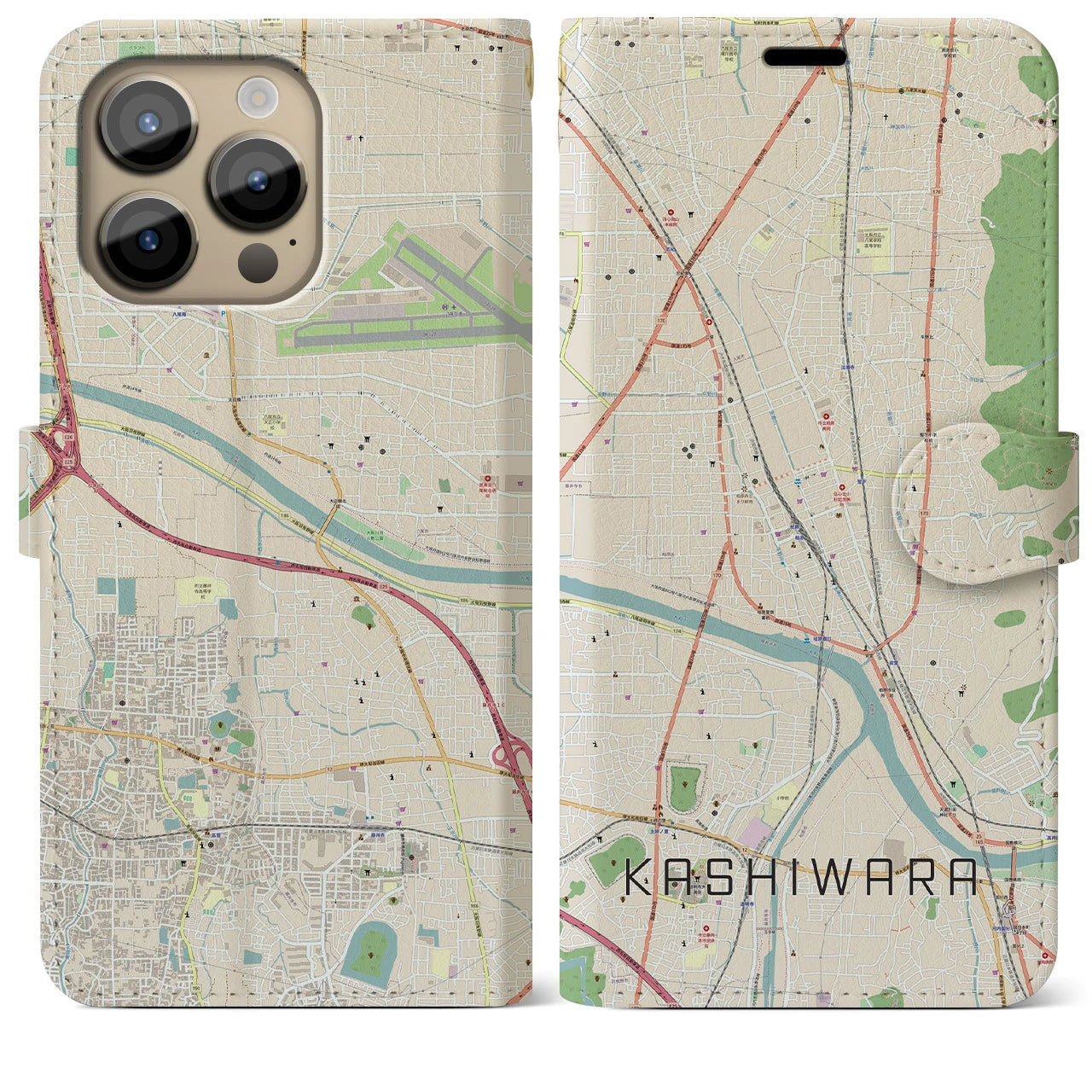 【柏原】地図柄iPhoneケース（手帳両面タイプ・ナチュラル）iPhone 14 Pro Max 用