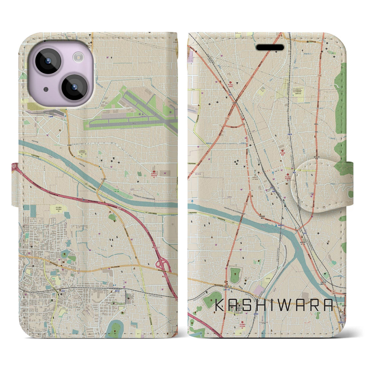 【柏原】地図柄iPhoneケース（手帳両面タイプ・ナチュラル）iPhone 14 用